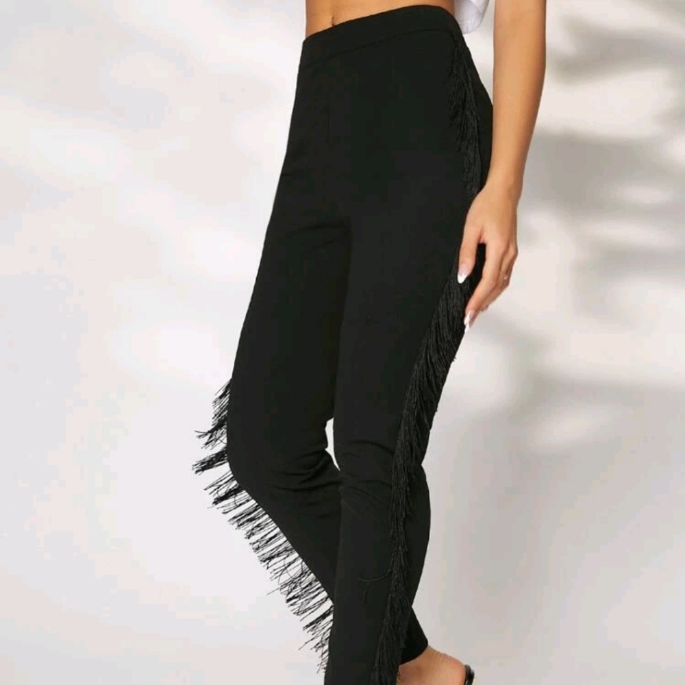 NEW BLACK FRINGE TRIM PANTS - Picture 6 of 8